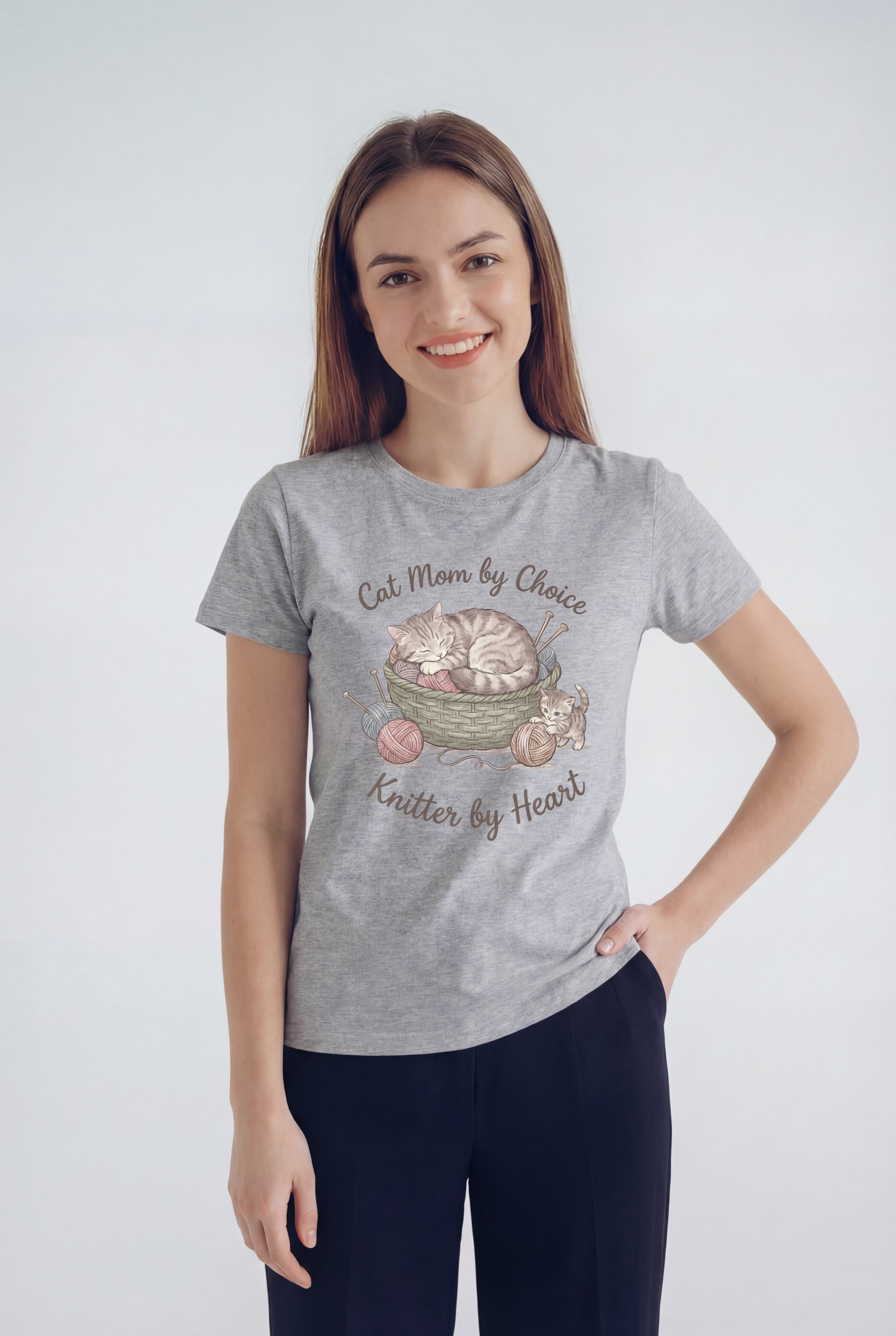 Cat Mom by Choice, Knitter by Heart T‑Shirt — Cute Cat & Yarn Graphic Tee for Knitting Lovers