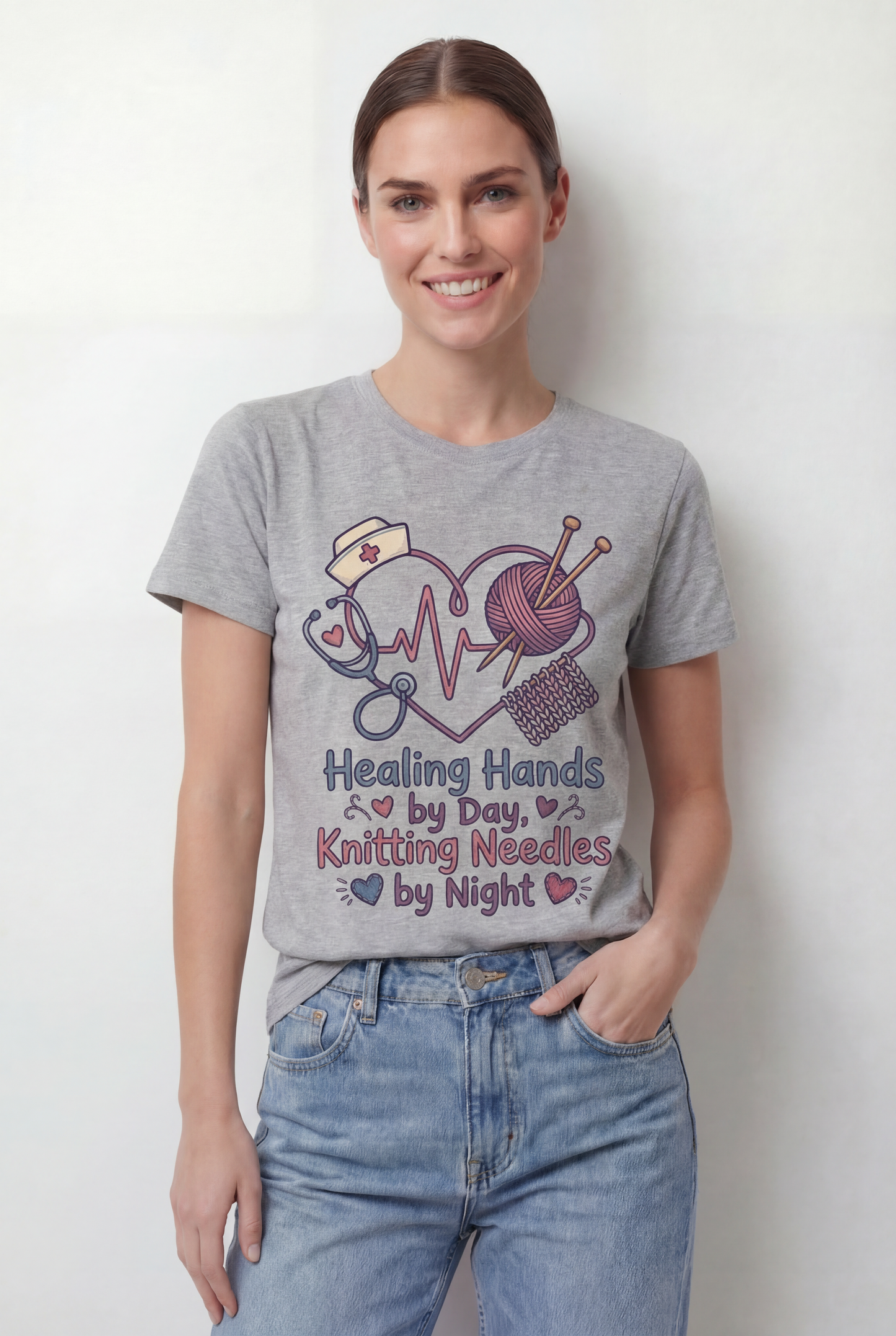 Nurse Knitter T‑Shirt — "Healing Hands by Day, Knitting Needles by Night" Graphic Tee
