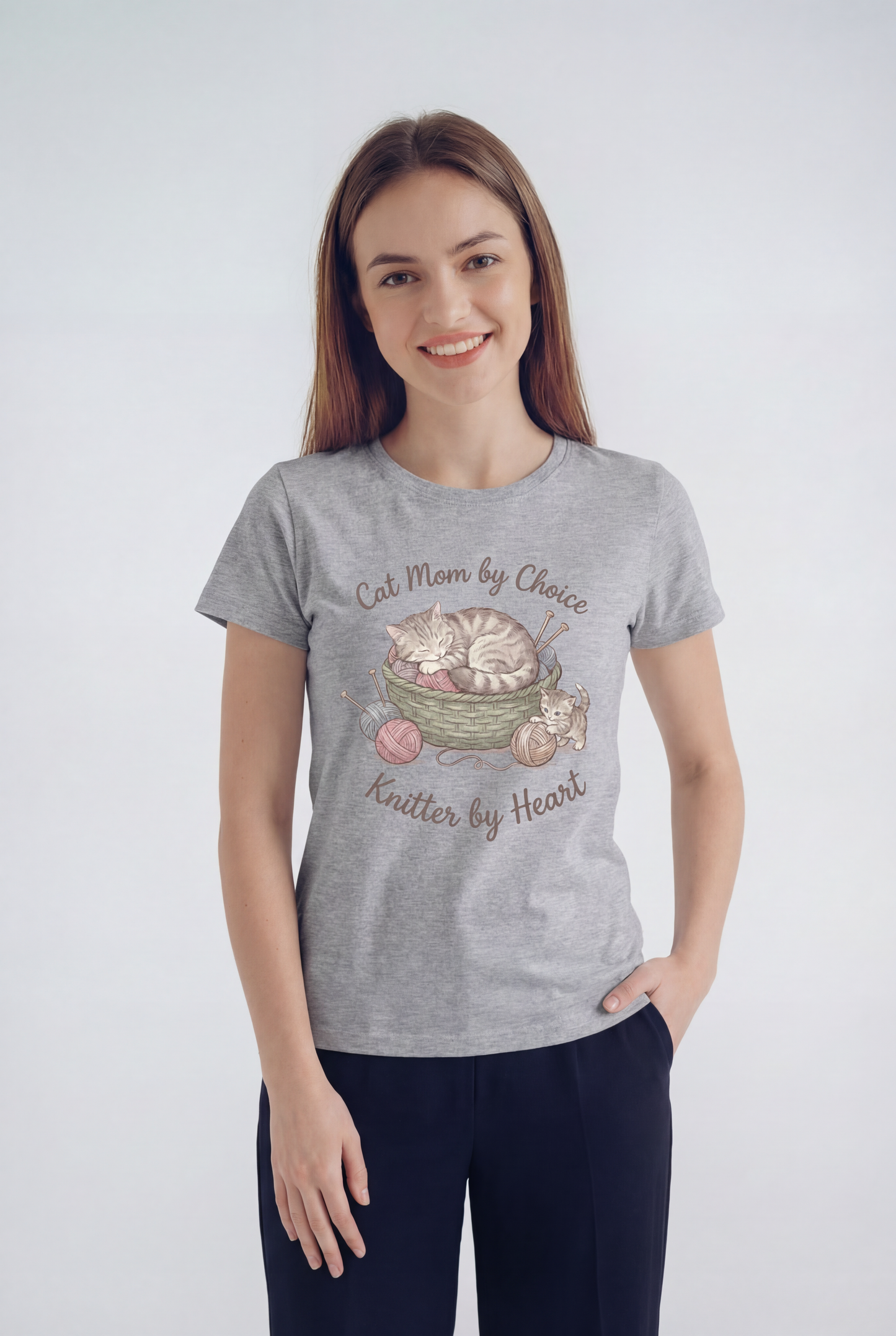 Cat Mom by Choice, Knitter by Heart T‑Shirt — Cute Cat & Yarn Graphic Tee for Knitting Lovers
