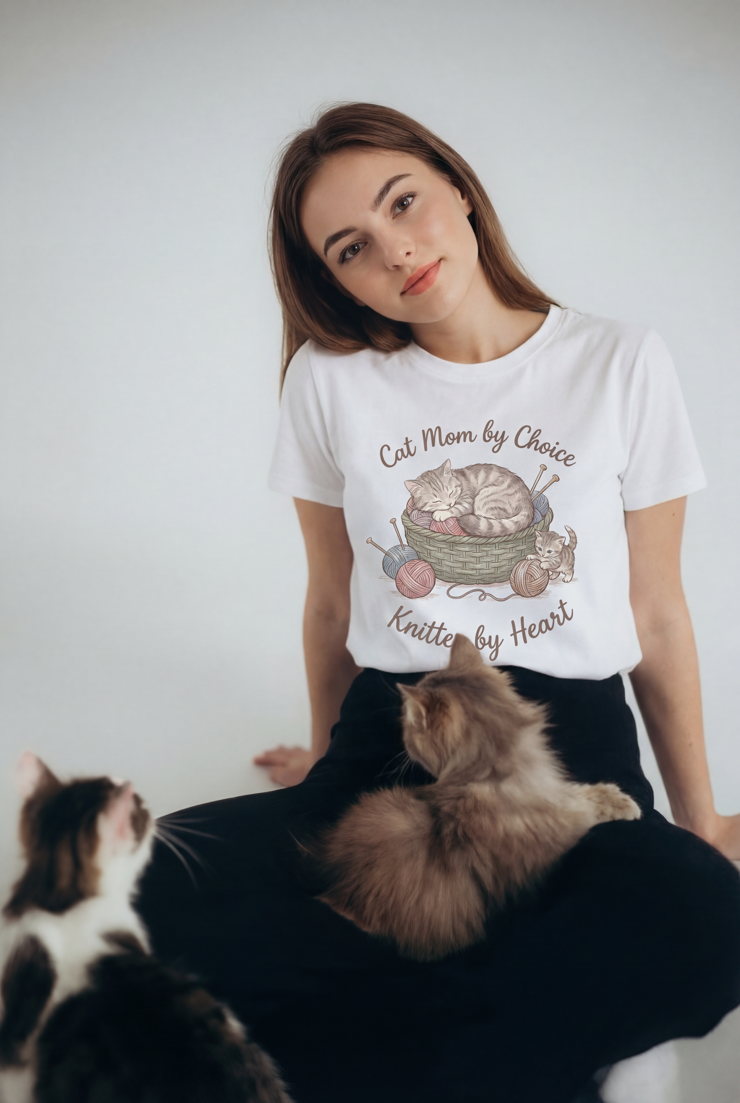 Cat Mom by Choice, Knitter by Heart T‑Shirt — Cute Cat & Yarn Graphic Tee for Knitting Lovers