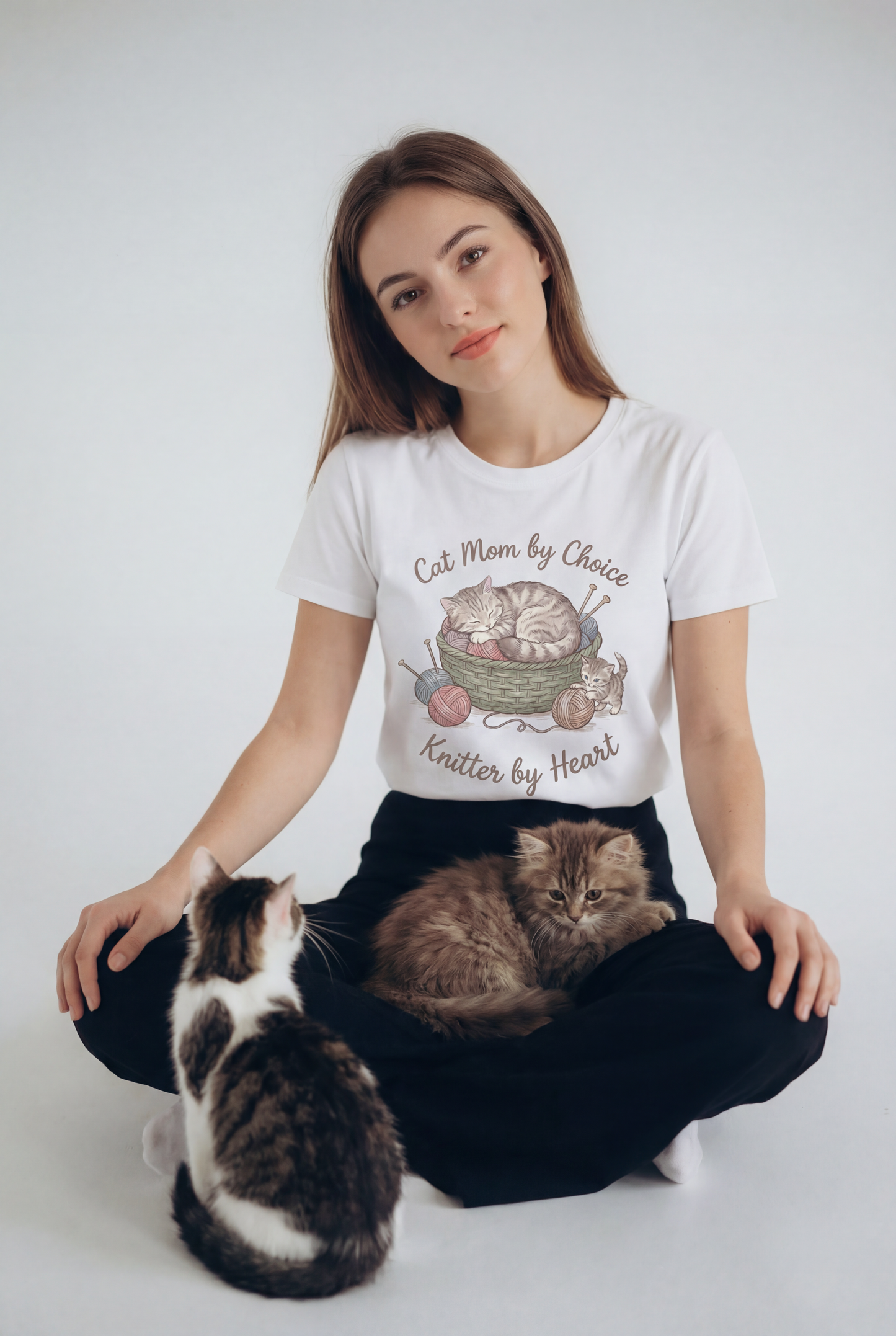 Cat Mom by Choice, Knitter by Heart T‑Shirt — Cute Cat & Yarn Graphic Tee for Knitting Lovers