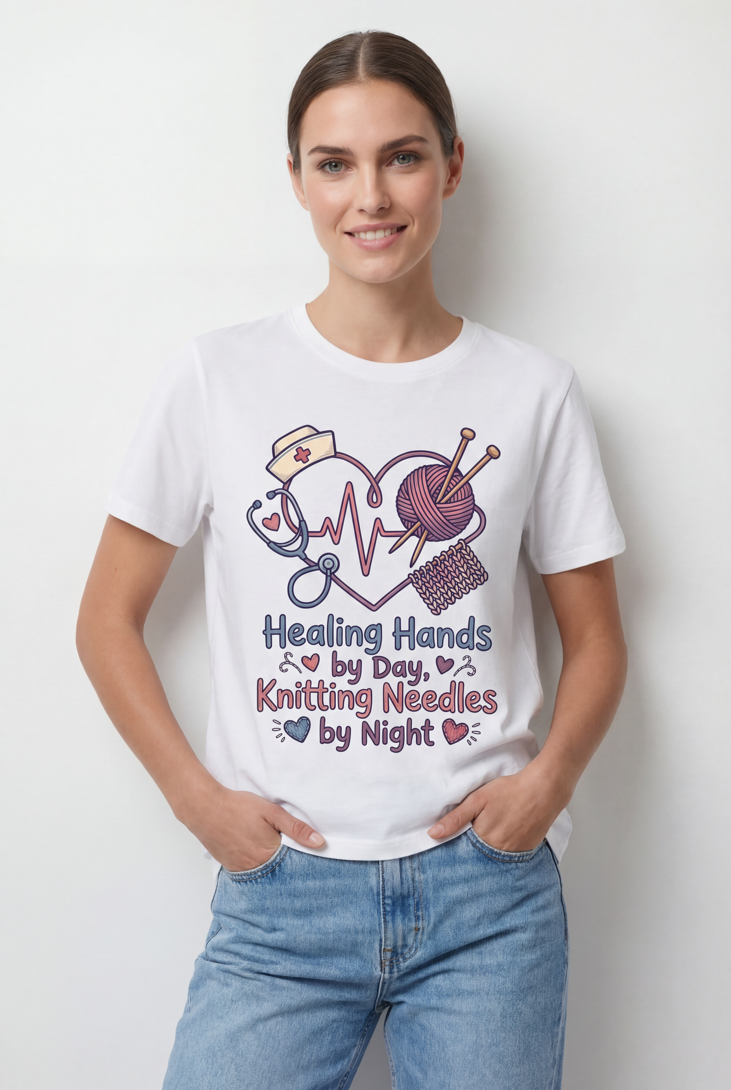 Nurse Knitter T‑Shirt — "Healing Hands by Day, Knitting Needles by Night" Graphic Tee