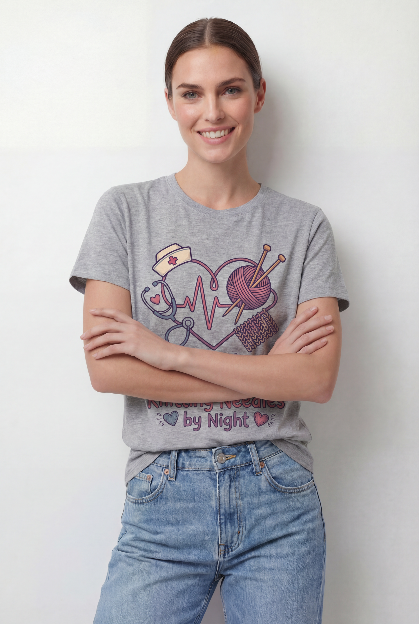 Nurse Knitter T‑Shirt — "Healing Hands by Day, Knitting Needles by Night" Graphic Tee